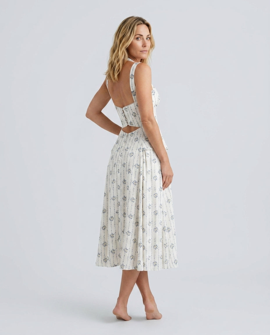 Kennedy | Floral Stripe Sweetheart Halter Midi Dress