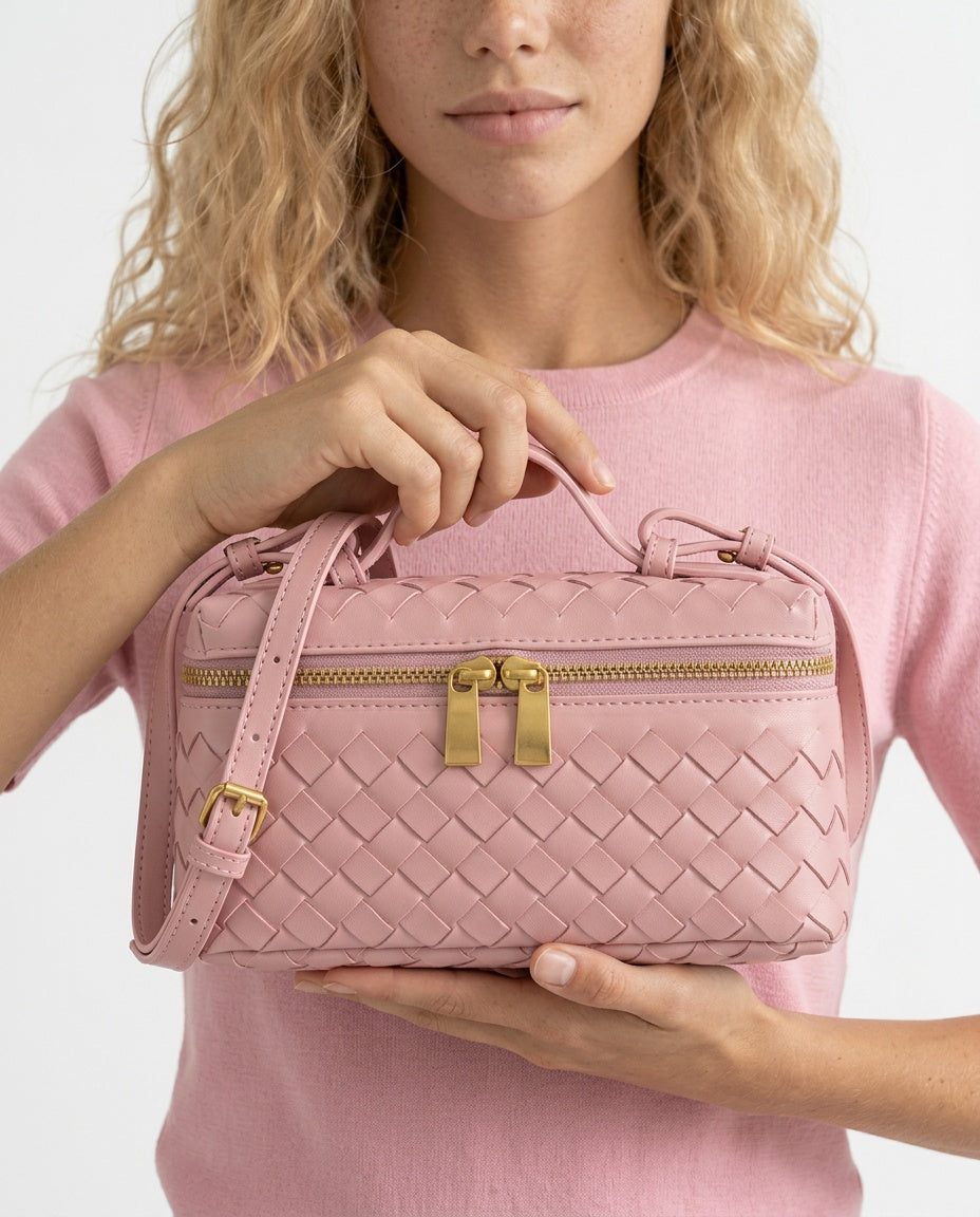 Small Woven Top Handle Bag with Phone Pocket