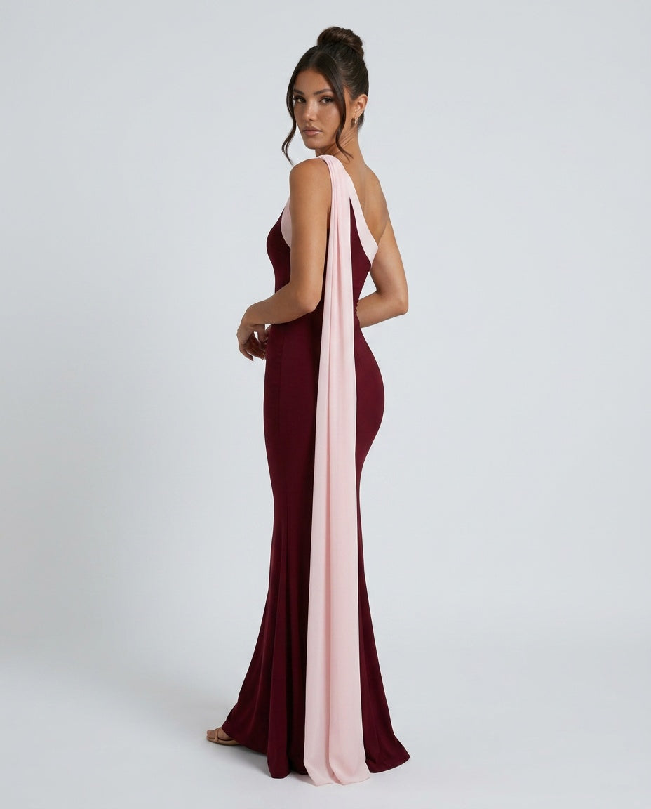 Quinn | Asymmetric Neckline Chiffon-Look Maxi Dress