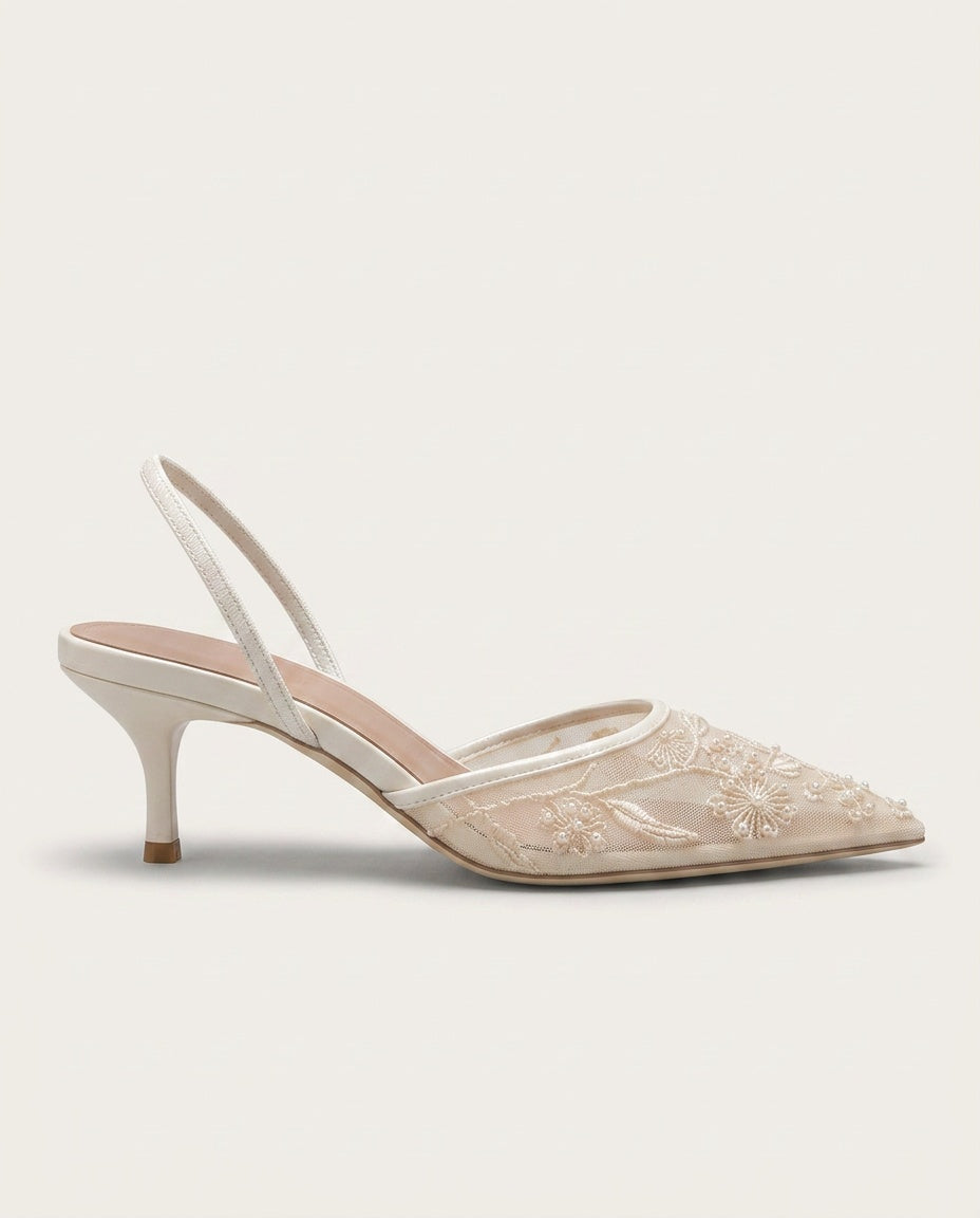 Leona | Embroidered Mesh Kitten Heel Slingbacks