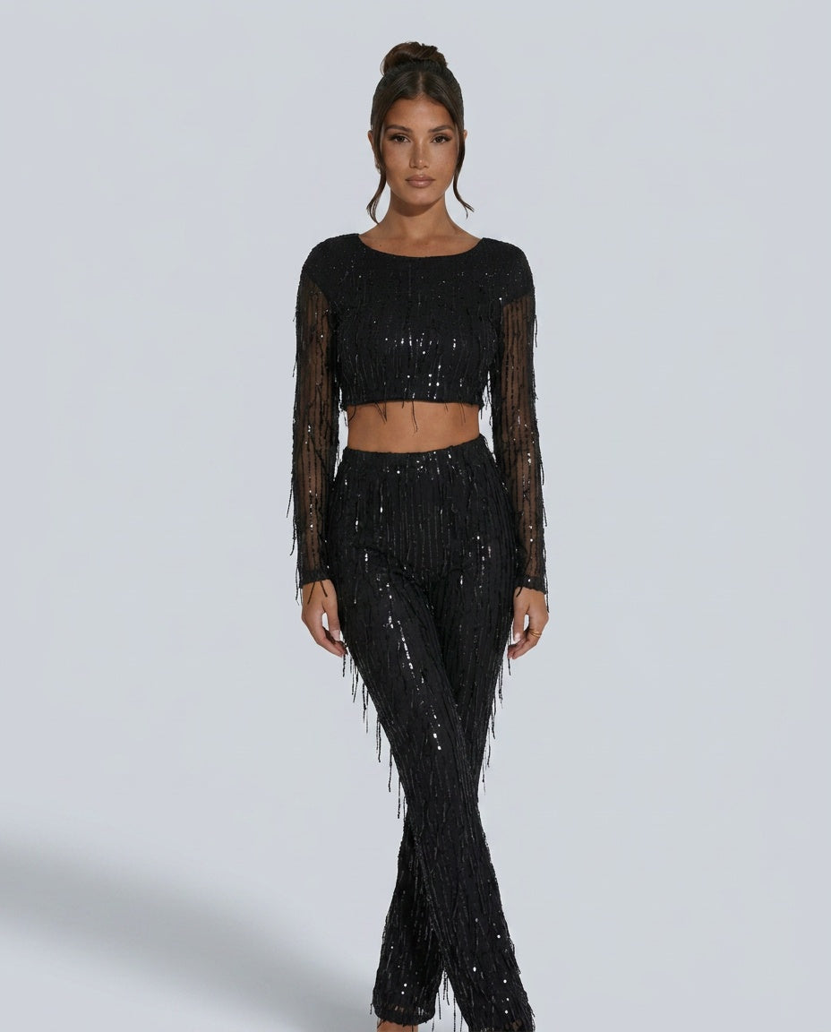 Quinn | Sequin Long Sleeve Top & High Waist Trouser Set