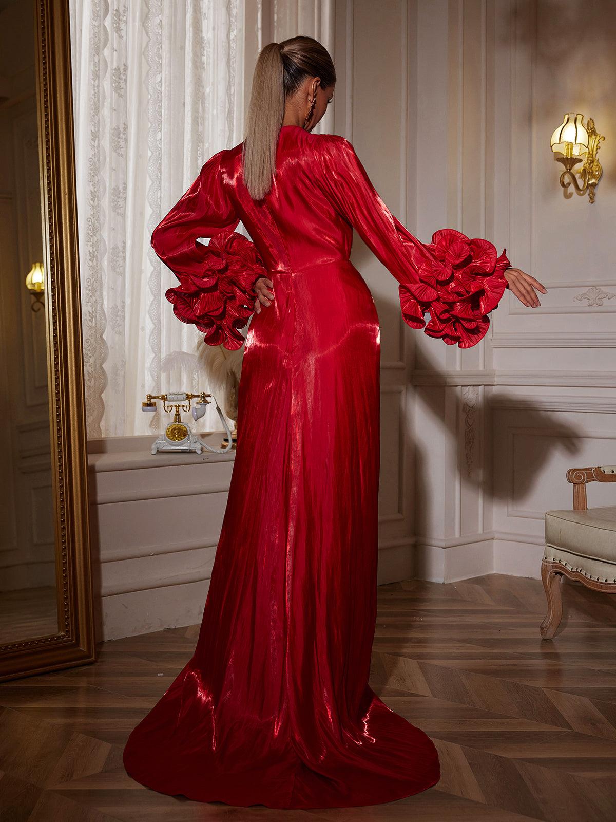 Faye | Long Sleeve Ruched Split Maxi Dress
