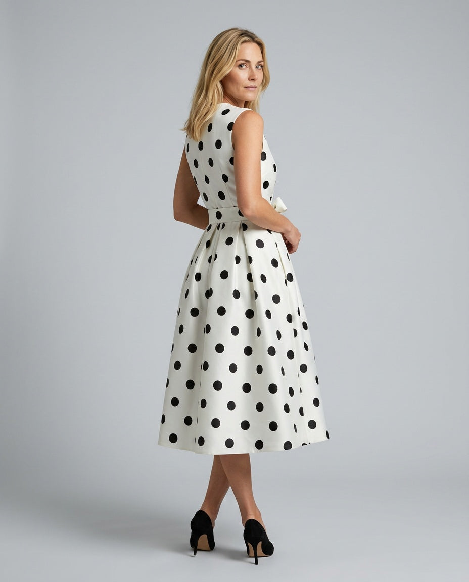 Elara | Polka Dot Wrap Midi Dress with Tie Belt