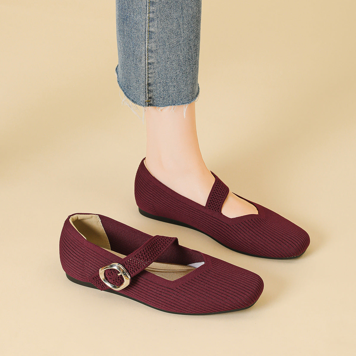 Giselle | Square Toe Knit Mary Jane Flats