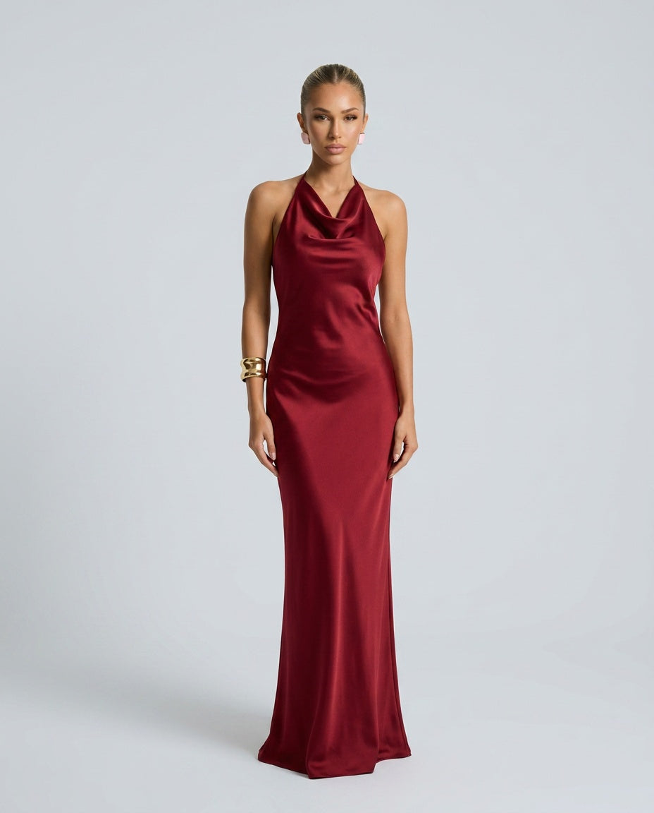 Rania | Draped Neckline Satin-Look Maxi Dress