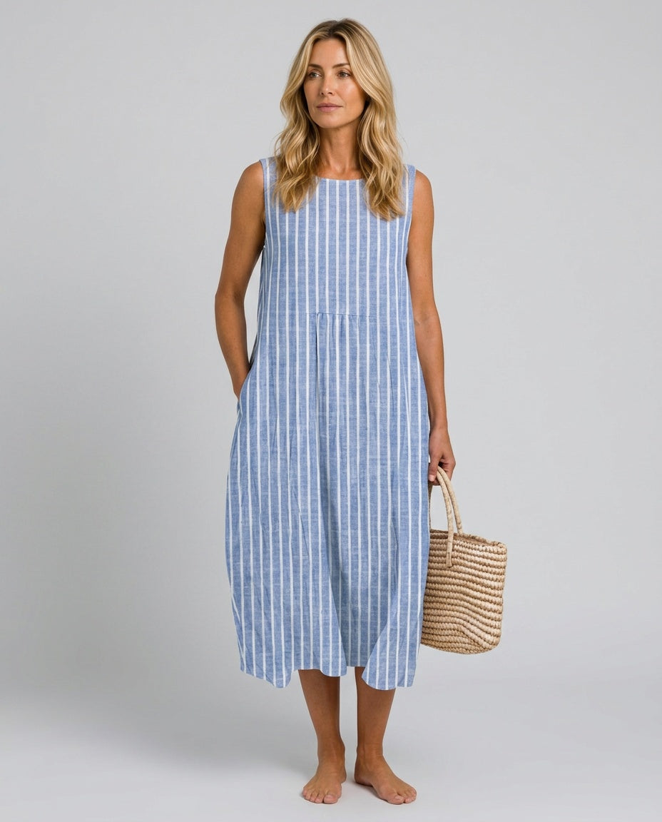 Helena | Printed Gathered Waist Sleeveless Midi Dress