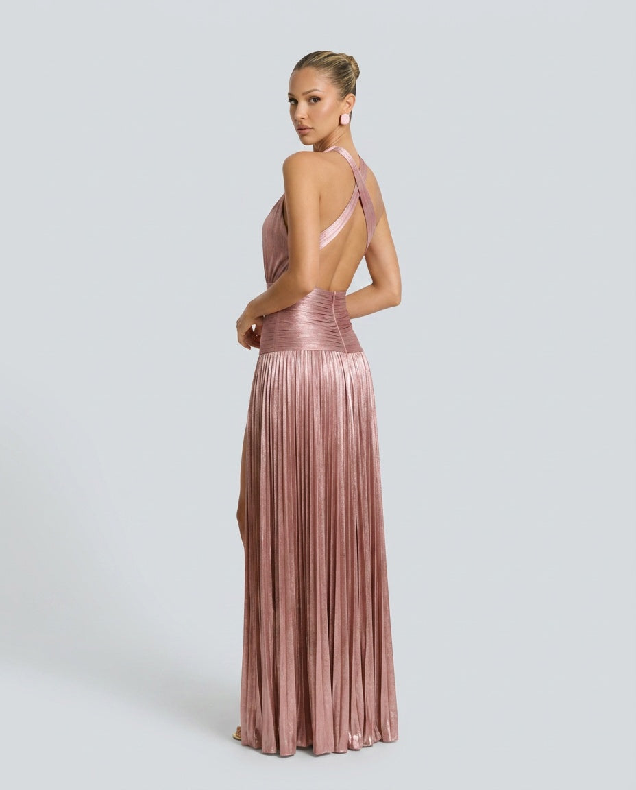 Hadley | Pleated Satin-Look Halter Neck Maxi Dress