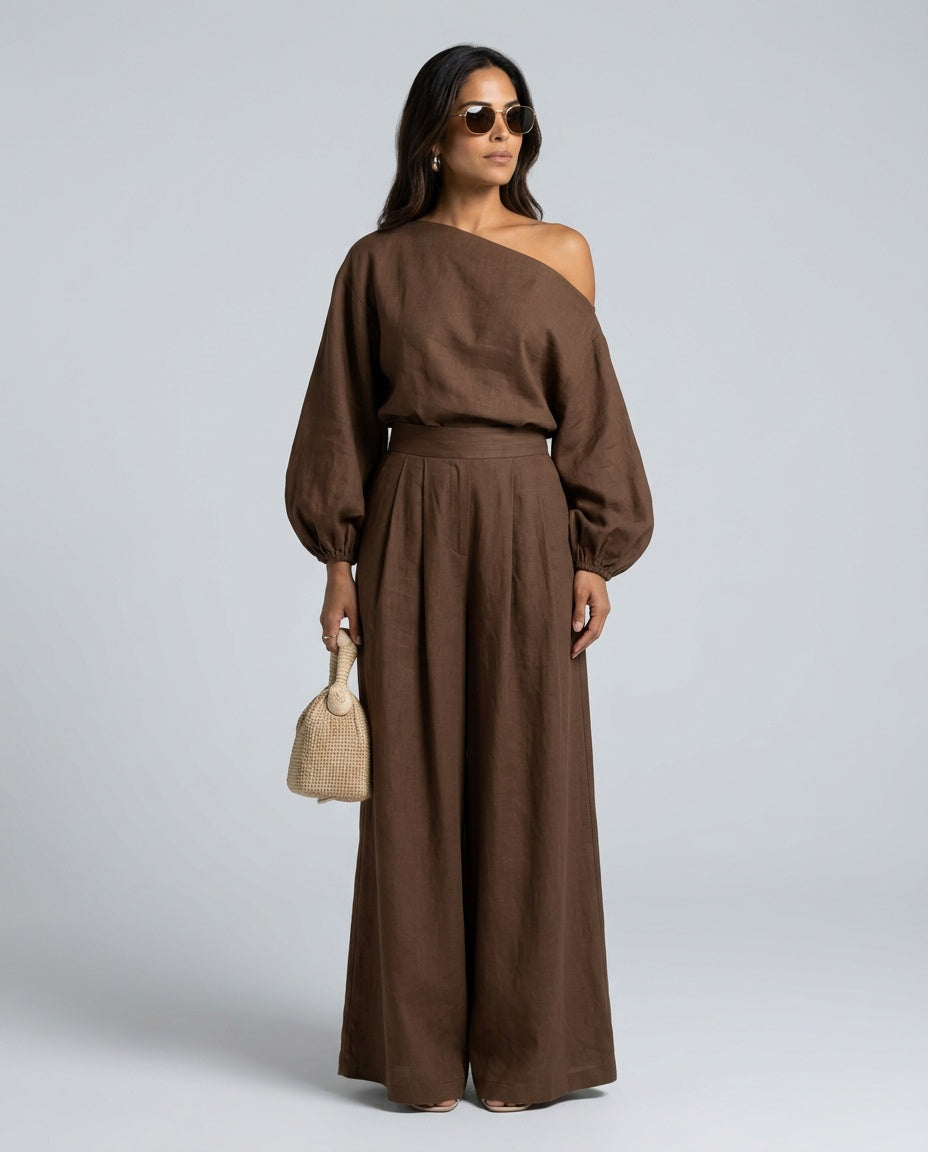 Delaney | One-Shoulder Linen-Blend Co-Ord Maxi Set
