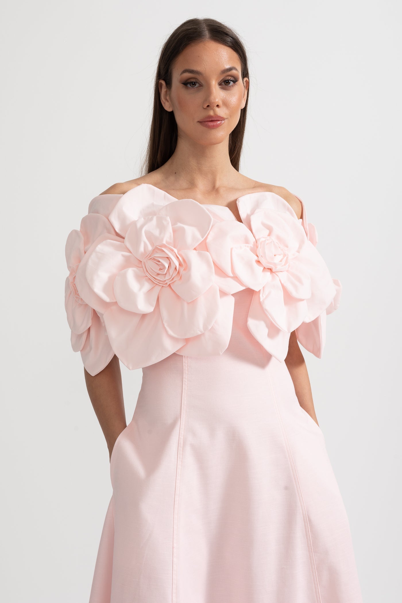 Faye | Off-Shoulder 3D Floral Appliqué Midi Dress