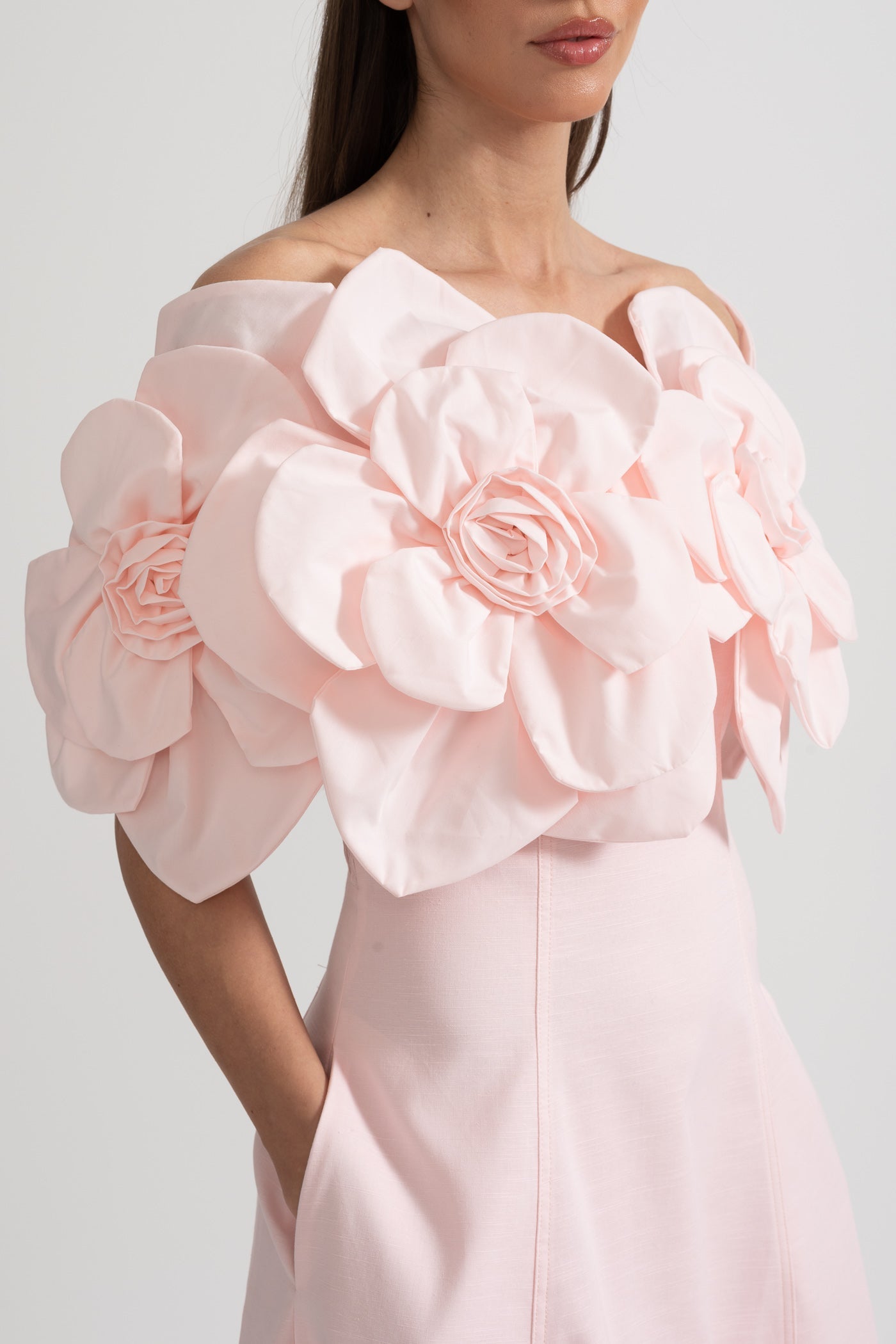 Faye | Off-Shoulder 3D Floral Appliqué Midi Dress
