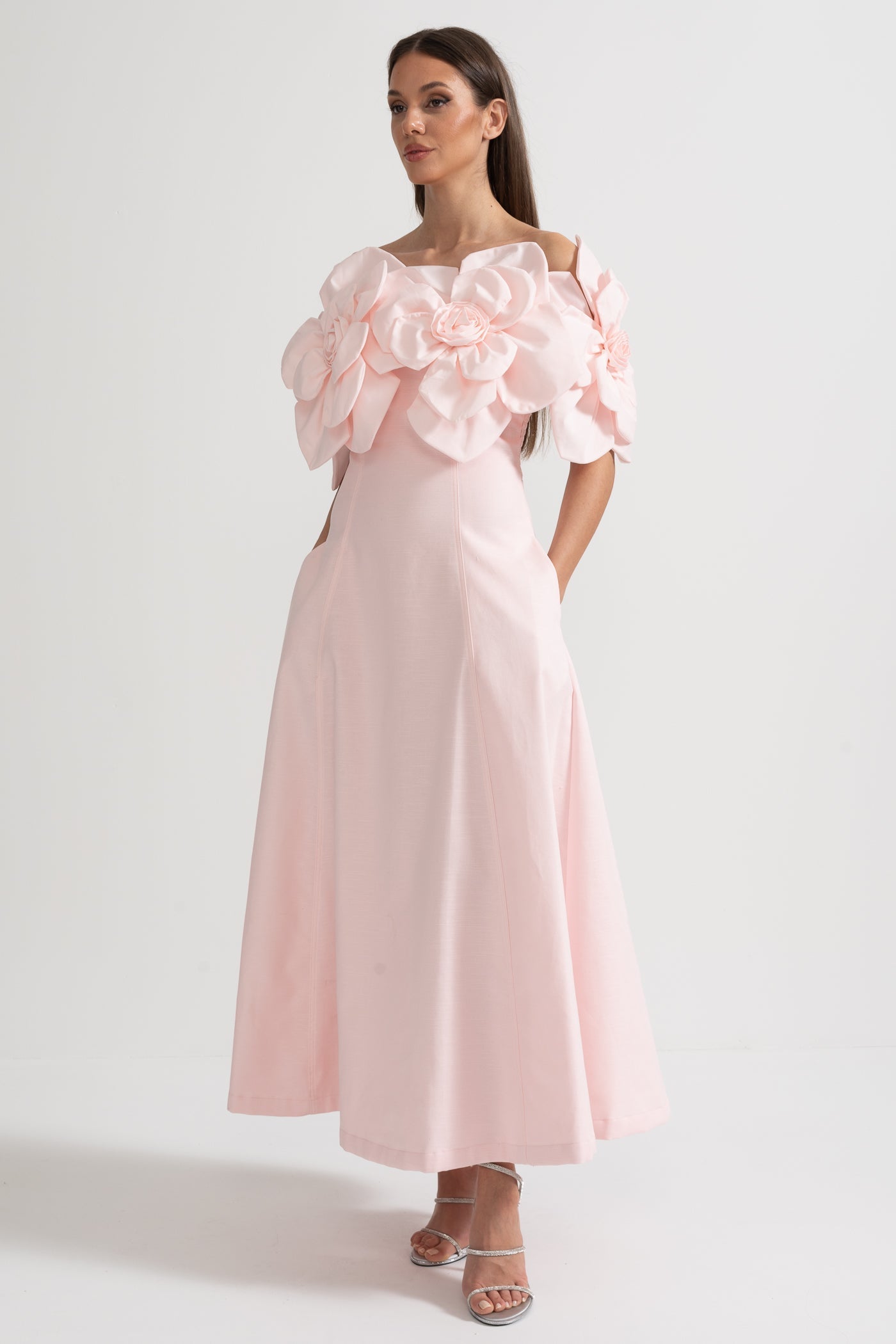 Faye | Off-Shoulder 3D Floral Appliqué Midi Dress