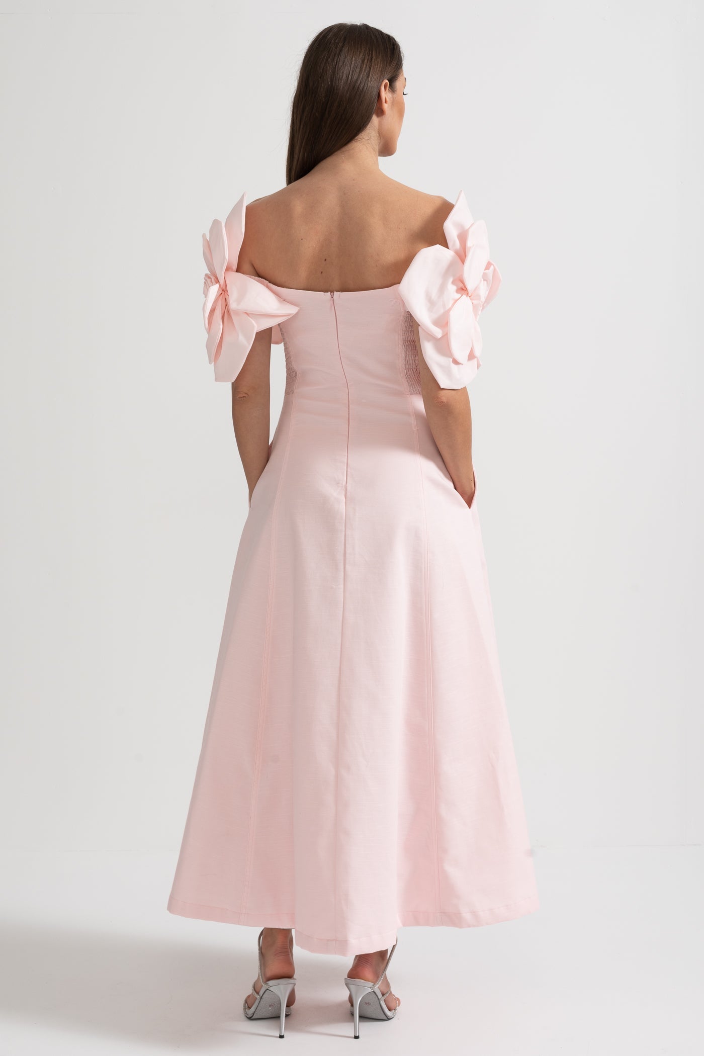 Faye | Off-Shoulder 3D Floral Appliqué Midi Dress