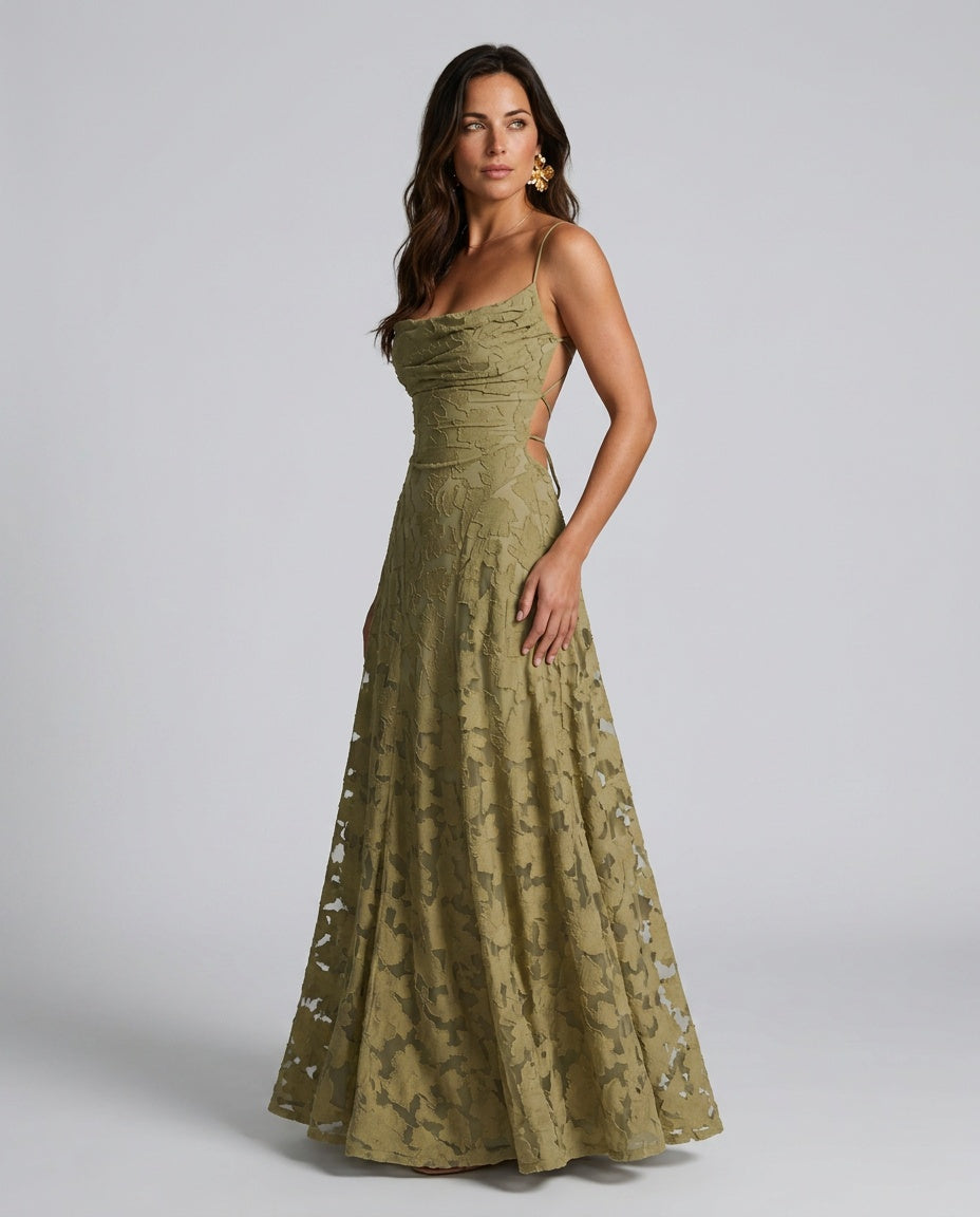 Frankie | Floral Cowl-Neck Lace-Back Maxi Dress