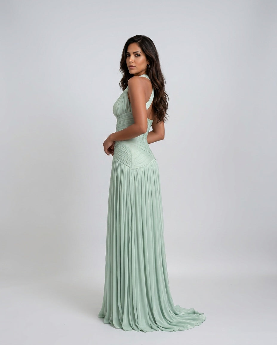 Edda | Halter Neck Lace-Trim Gathered Maxi Dress