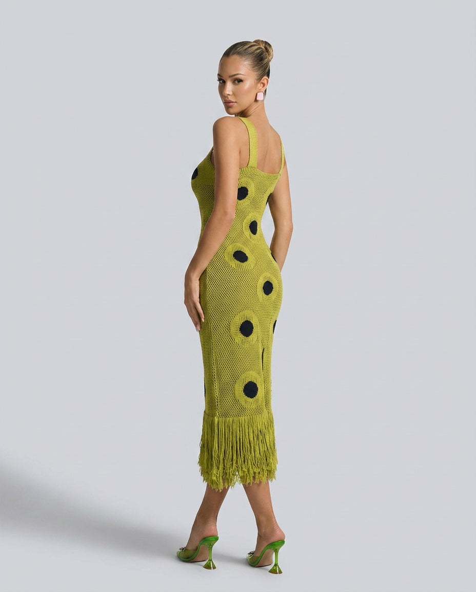 Everly | Polka Dot Fringe Knitted Midi Dress
