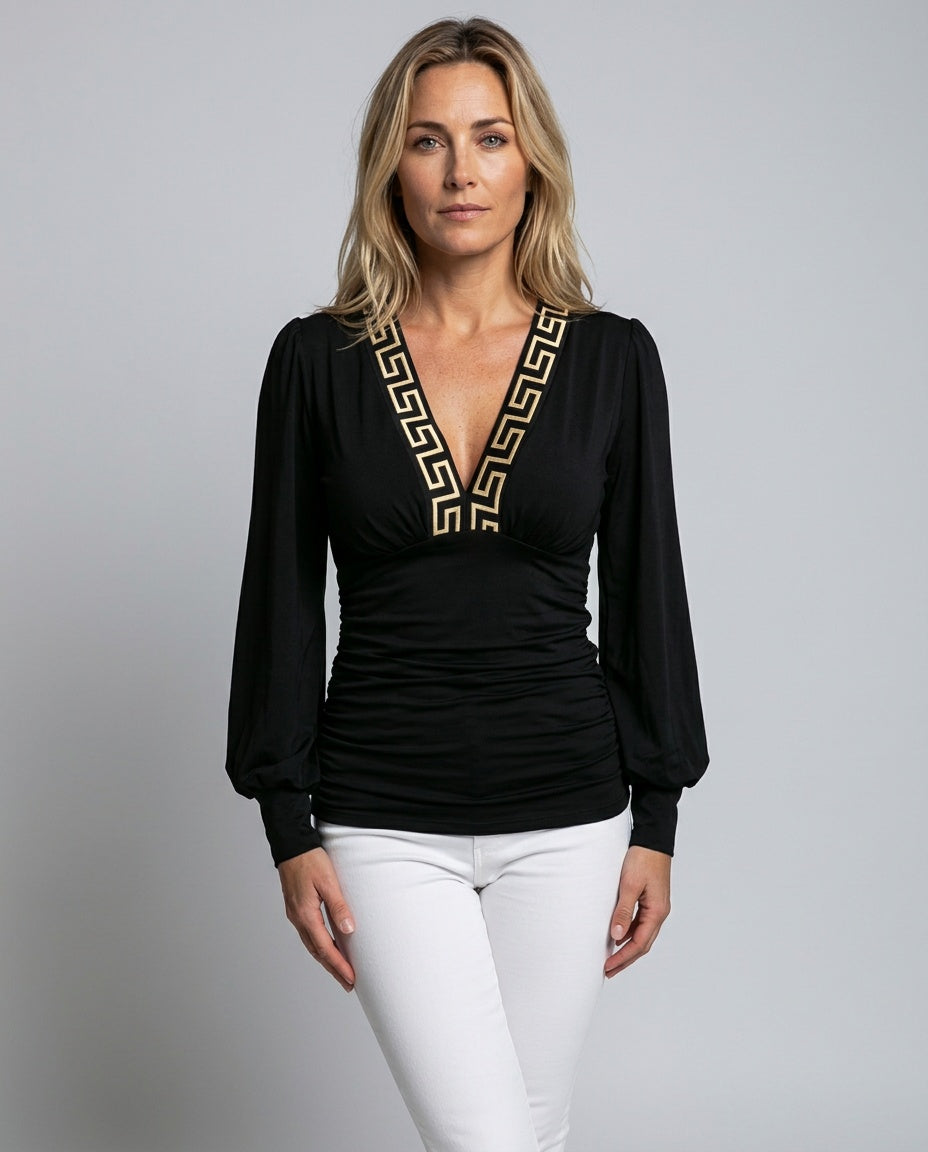 Alejandra | Deep V-Neck Ruched Long Sleeve Blouse