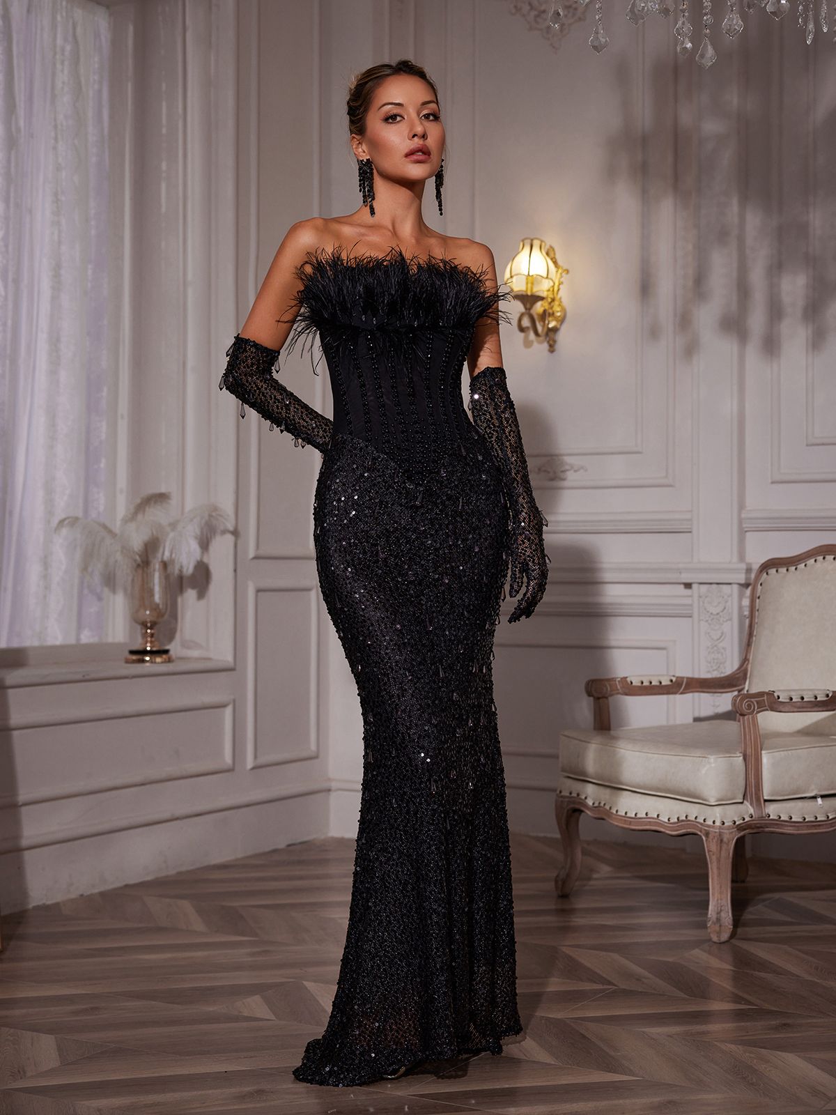 Paola | Corset Feather Sequin Maxi Dress With Gloves