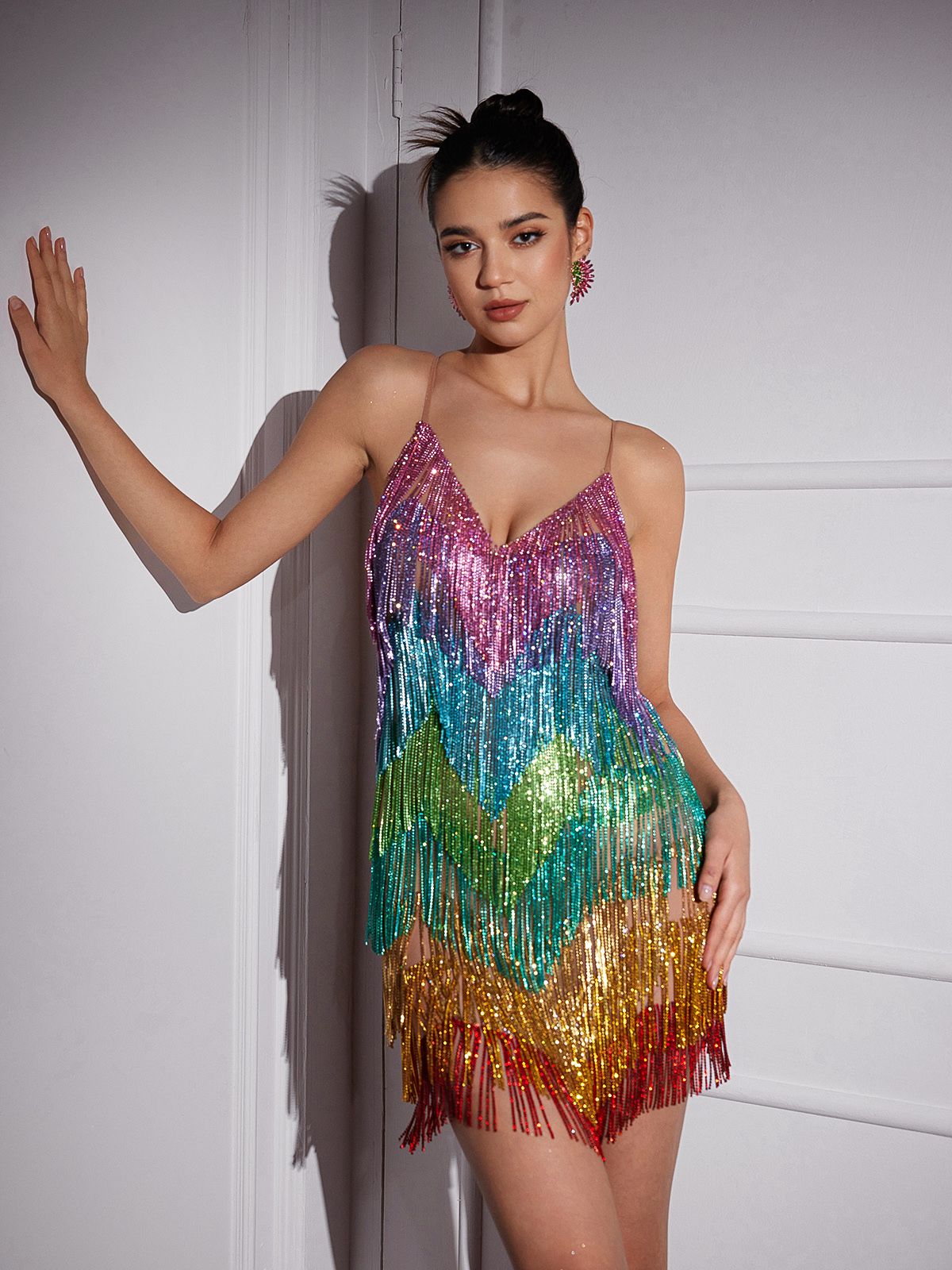 Indy | V-Neck Rainbow Crystal Fringe Mini Dress