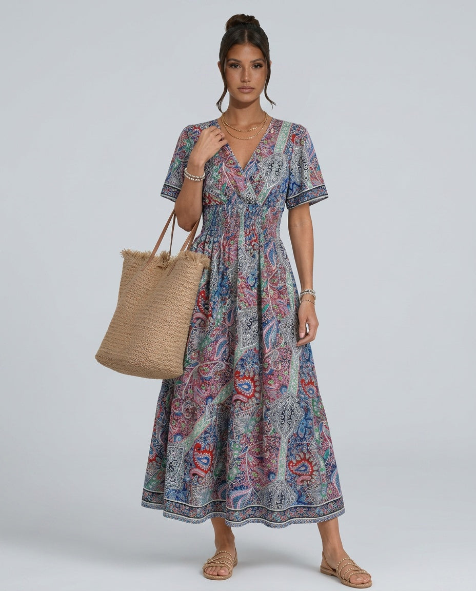 Marina | Bohemian Paisley Smocked V-Neck Maxi Dress