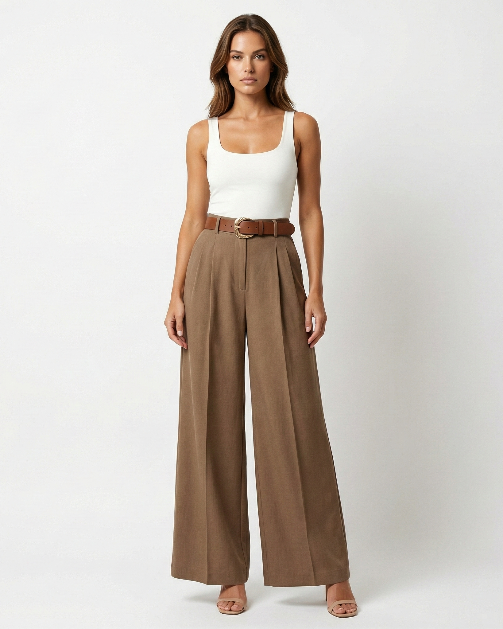 Ottoline | High Waist Pleated Wide-Leg Trousers with Detachable Sash Belt