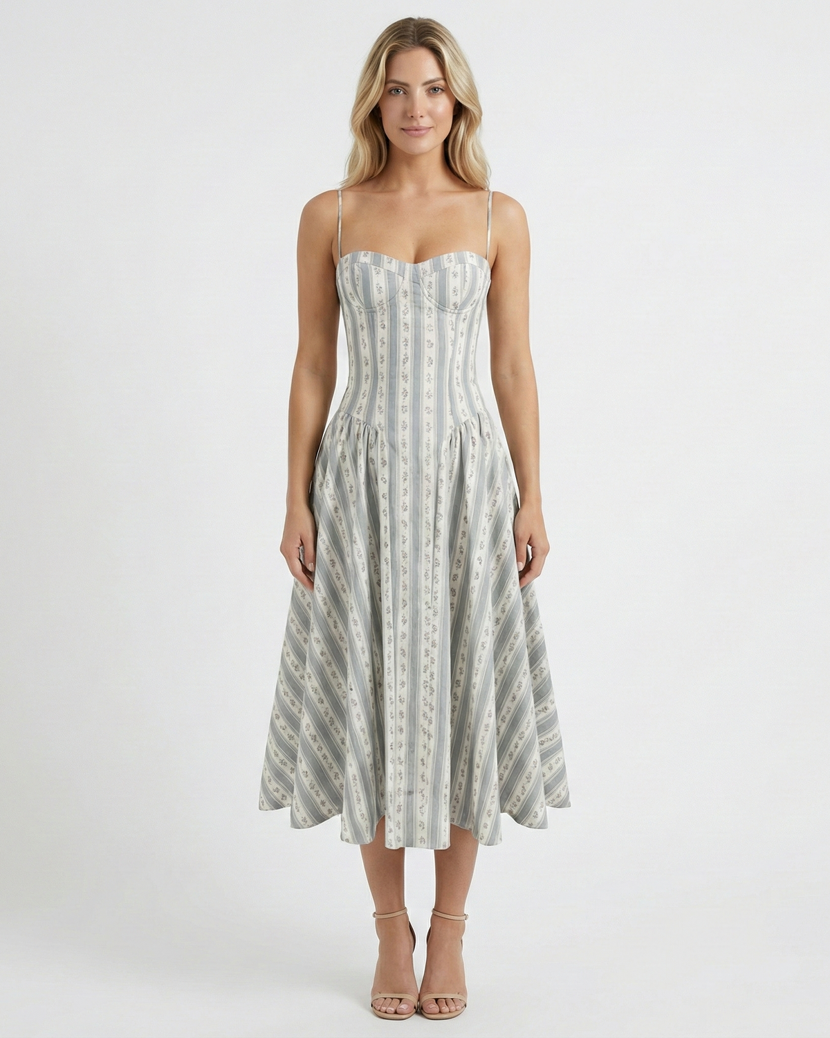 Skylar | Striped Floral Drop Waist Midi Dress