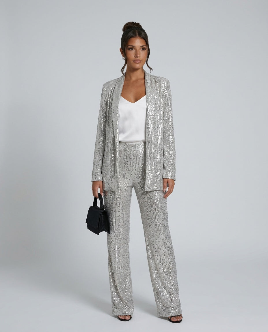 Romilly | Longline Sequin Cardigan & Wide Leg Trousers Co-ord Set