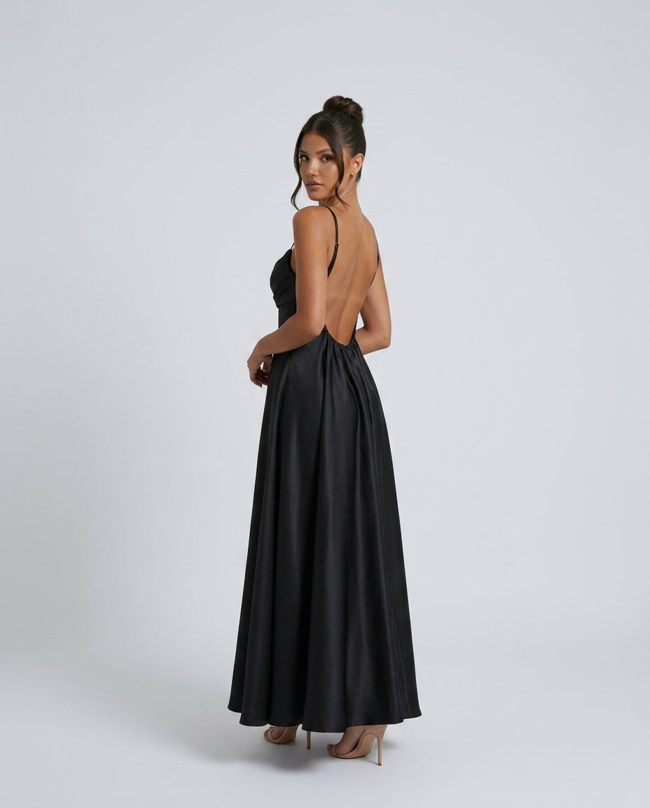 Xenia | Cowl Neck Pleated Satin-Look Maxi Dress