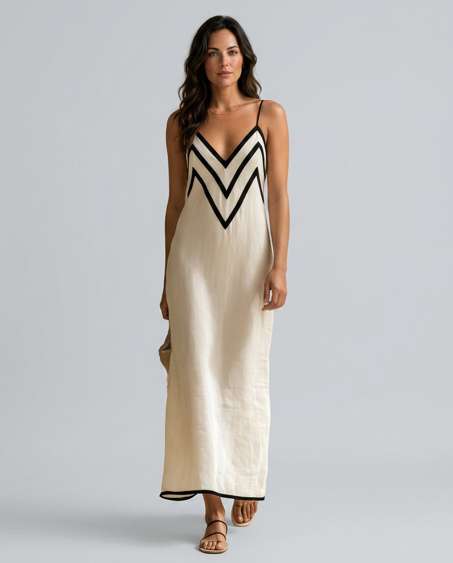 Nuria | Spaghetti Strap Chevron Trim Slip Maxi Dress