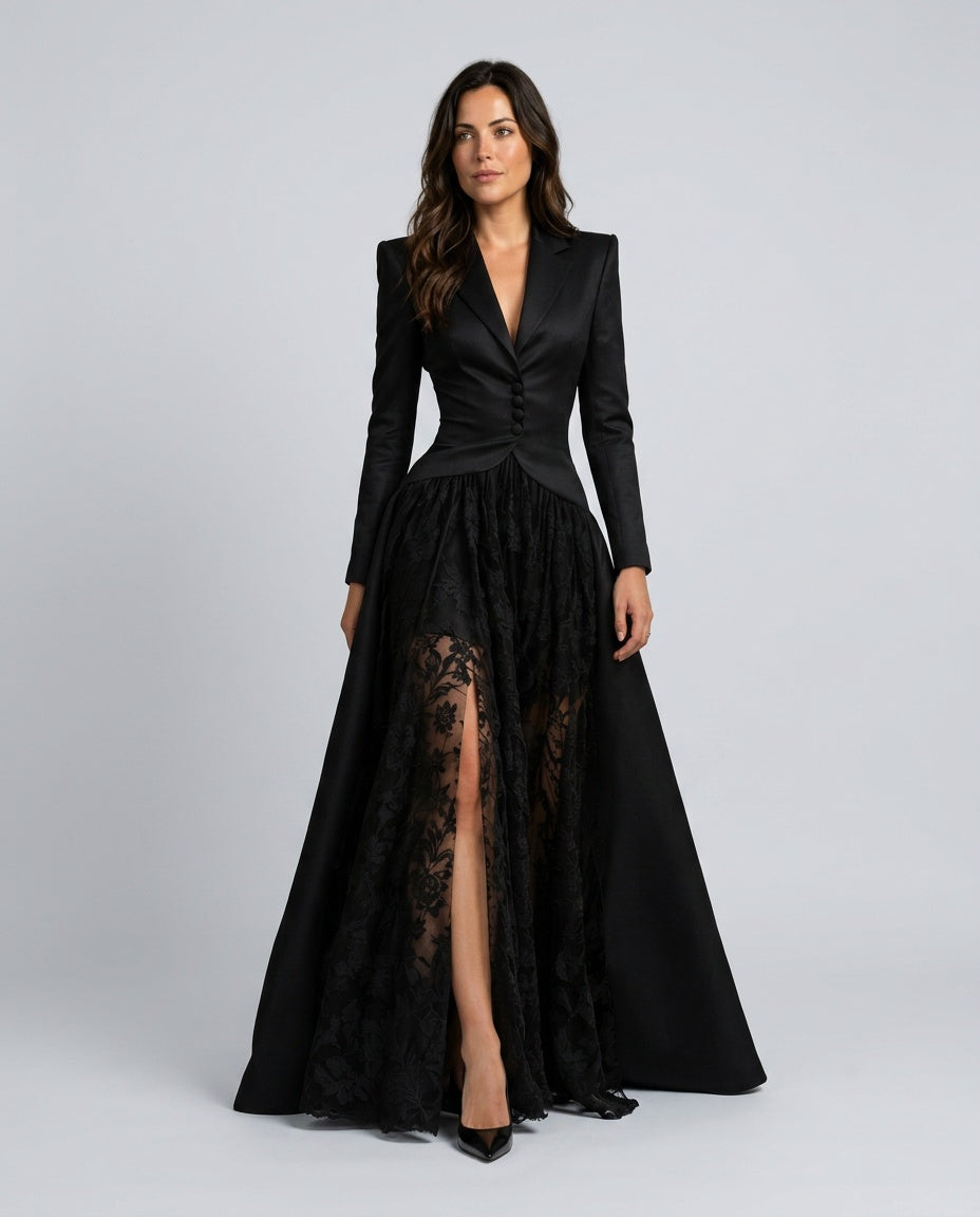 Isadora | Button-Front Floral Lace Panel Blazer Maxi Dress