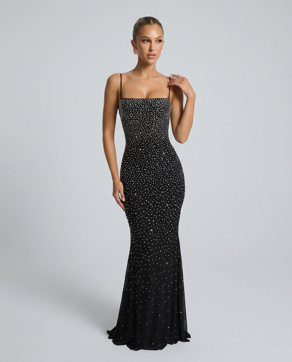 Mireille | Rhinestone Embellished Flared Maxi Dress