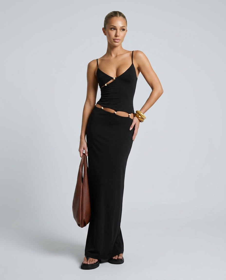 Lorena | Beaded Cut-Out Black Maxi Dress