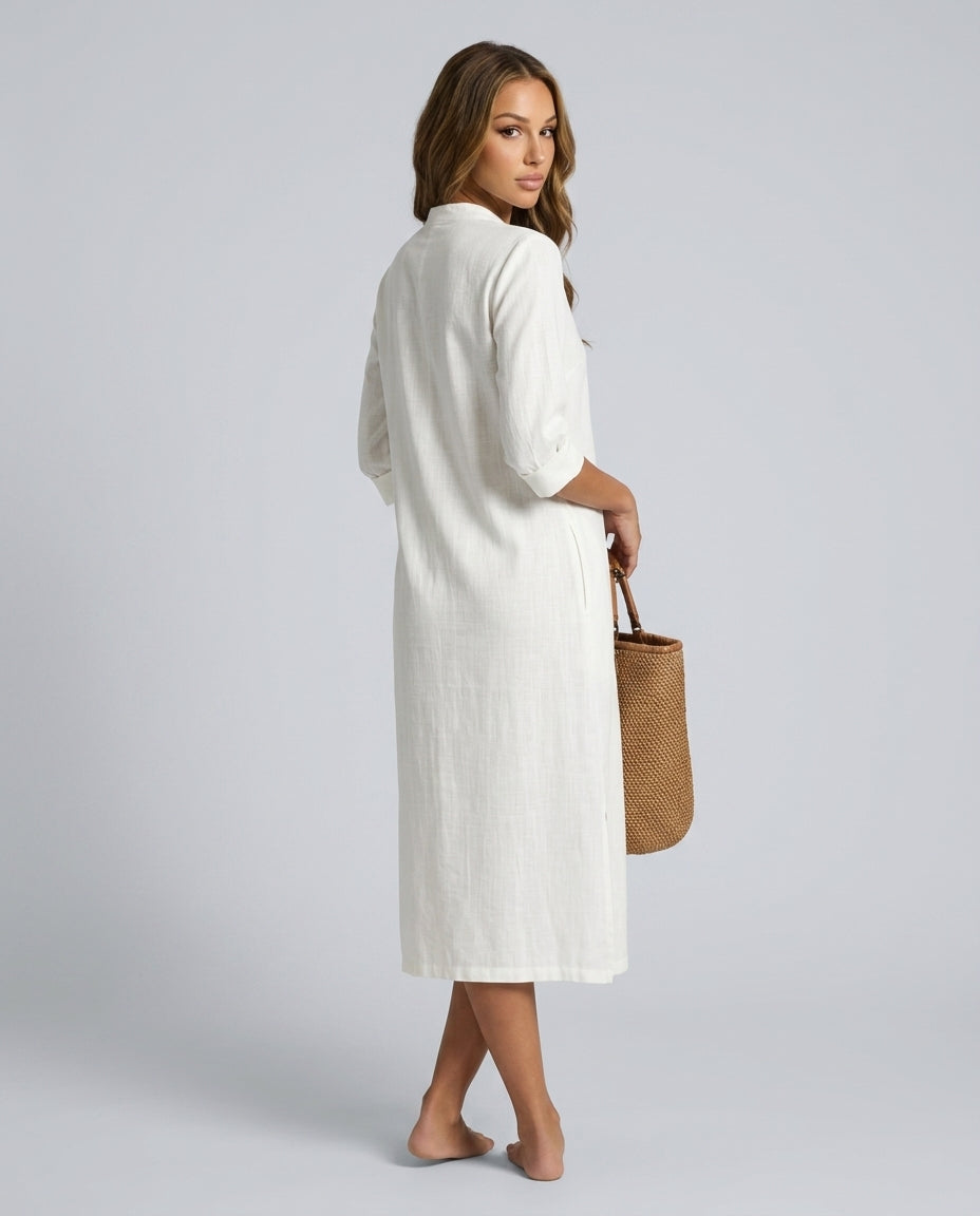 Nella | Short Sleeve Button-Front Linen-Blend Midi Dress