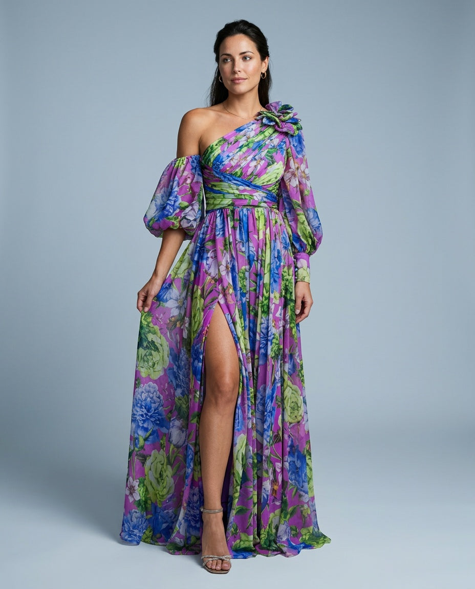 Nadia | One-Shoulder Floral Slit Maxi Dress