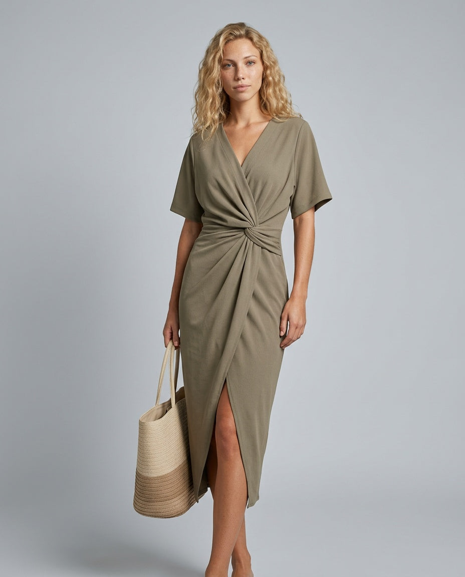 Celeste | Crossover V-Neck Tied Waist Midi Dress