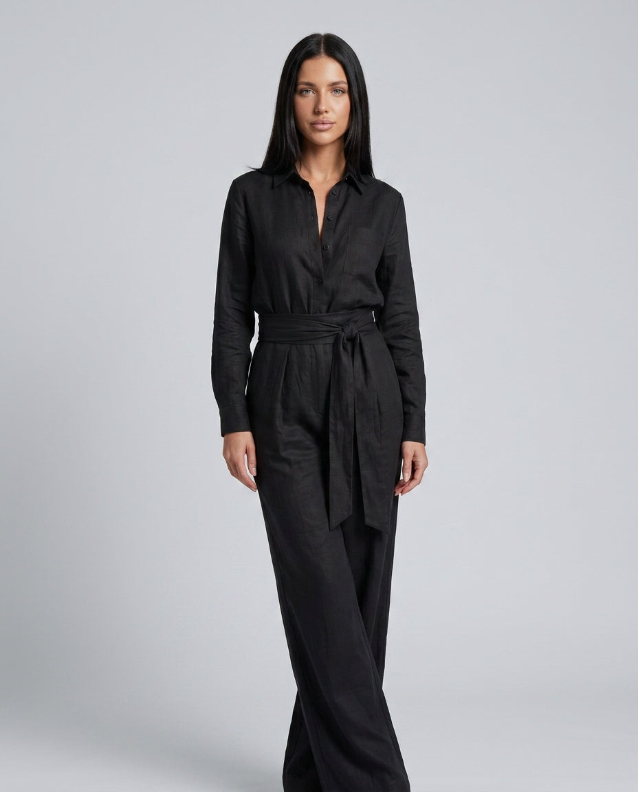 Jovie | Long Sleeve Button Front Wide Leg Jumpsuit