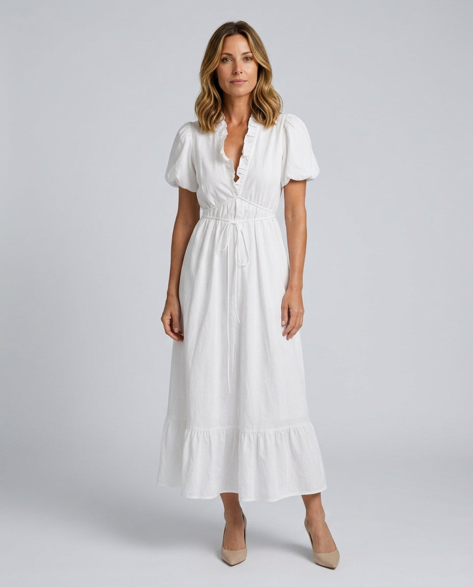 Imogen | Puff Sleeve Waist Tie Midi Dress