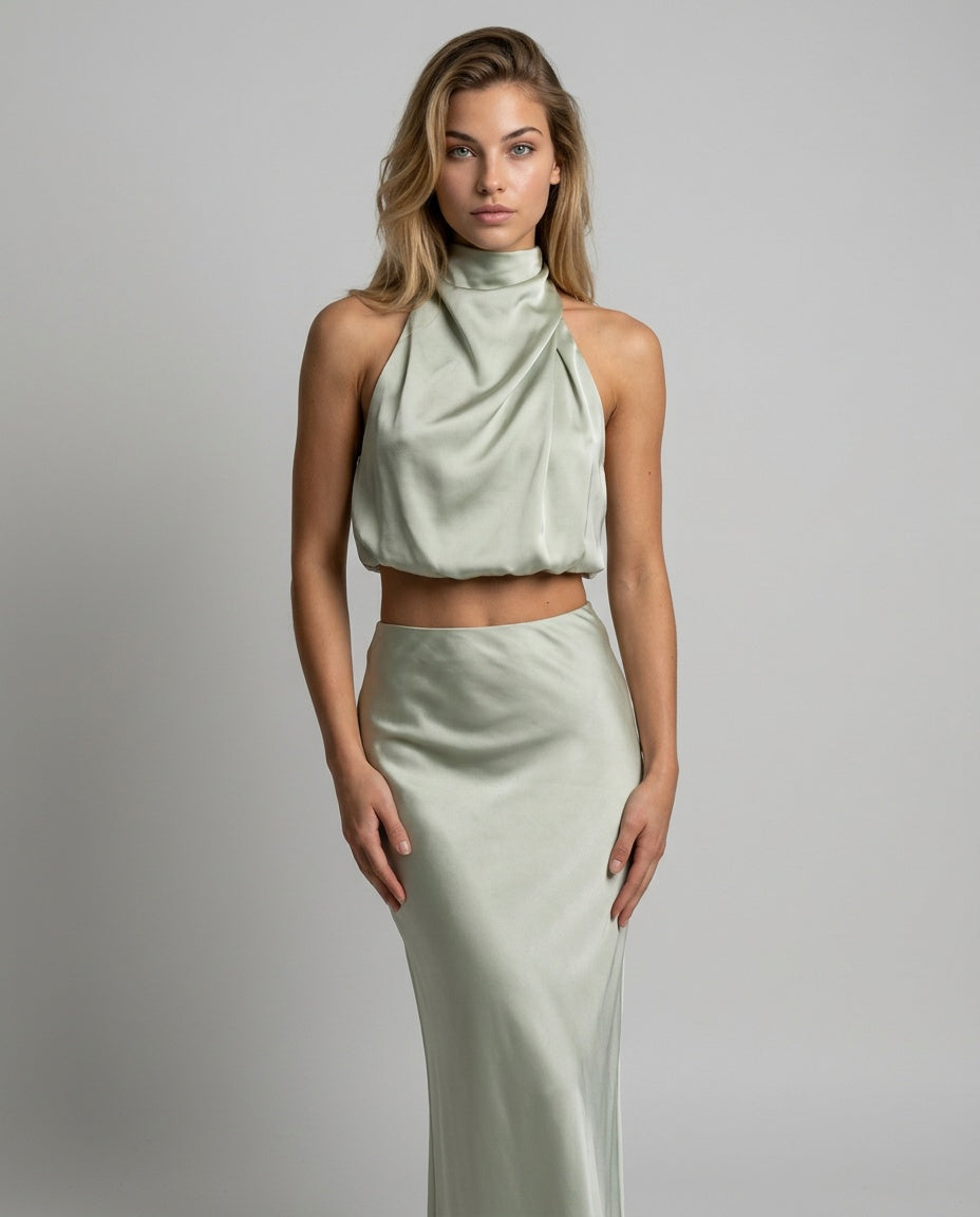 Cora | Halter Crop Top & High Waist Midi Skirt Set