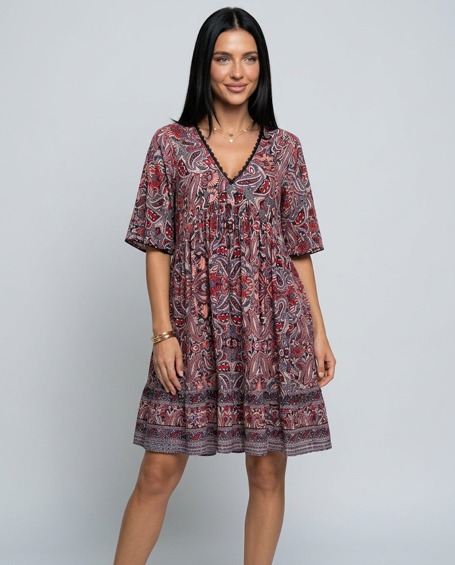 Priya | V-Neck All Over Print Boho Mini Dress
