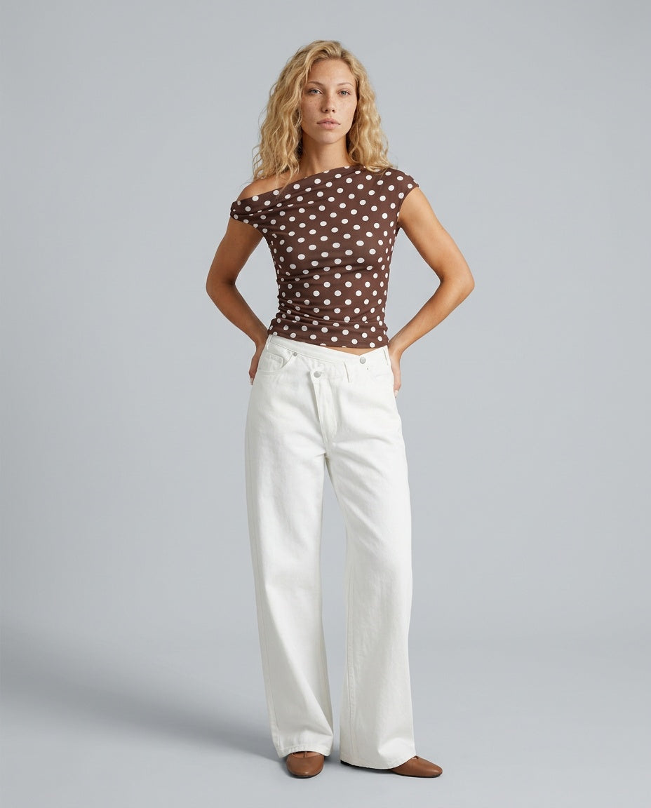 Georgia | One-Shoulder Pleated Polka Dot Top