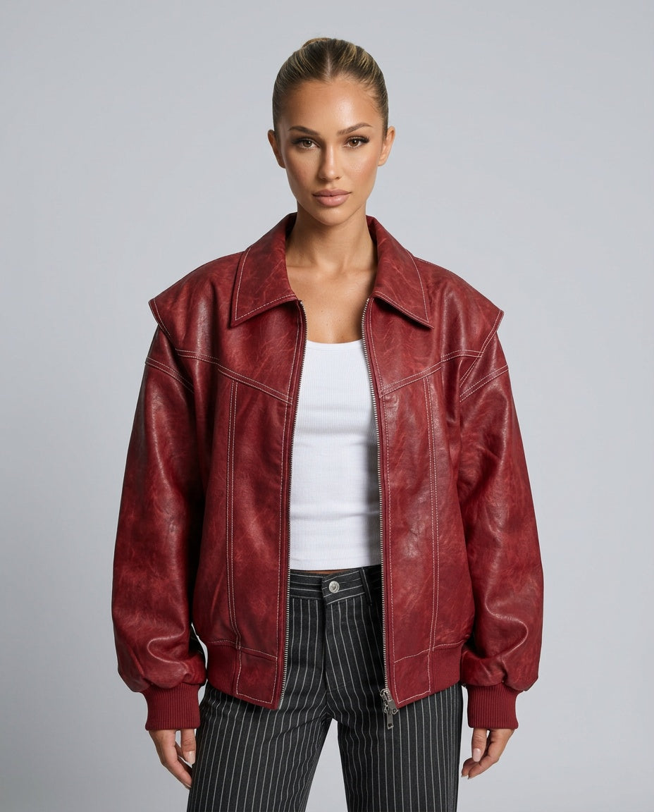 Tina | Oversized Glazed Faux Leather Bomber Jacket