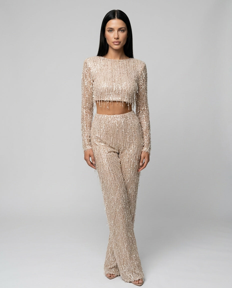 Talia | Sequin Crop Top & Wide-Leg Pants Set