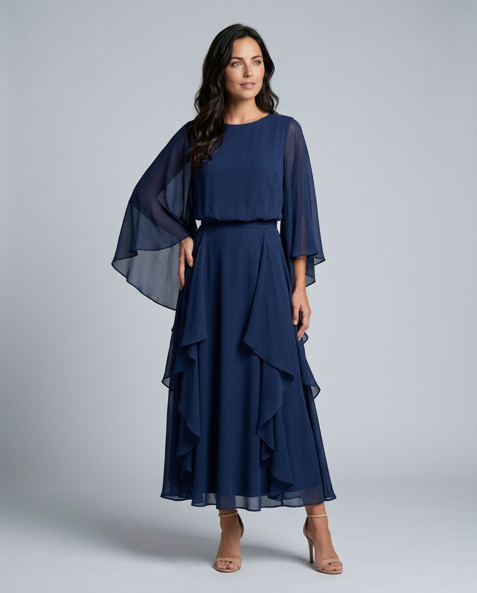 Seraphina | Layered Sleeve Drape Waist Midi Dress