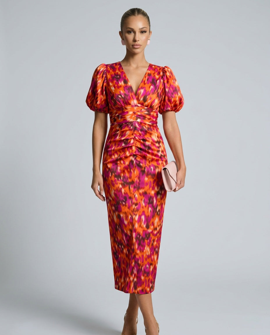 Vashti | Abstract Print Puff Sleeve Ruched Midi Dress