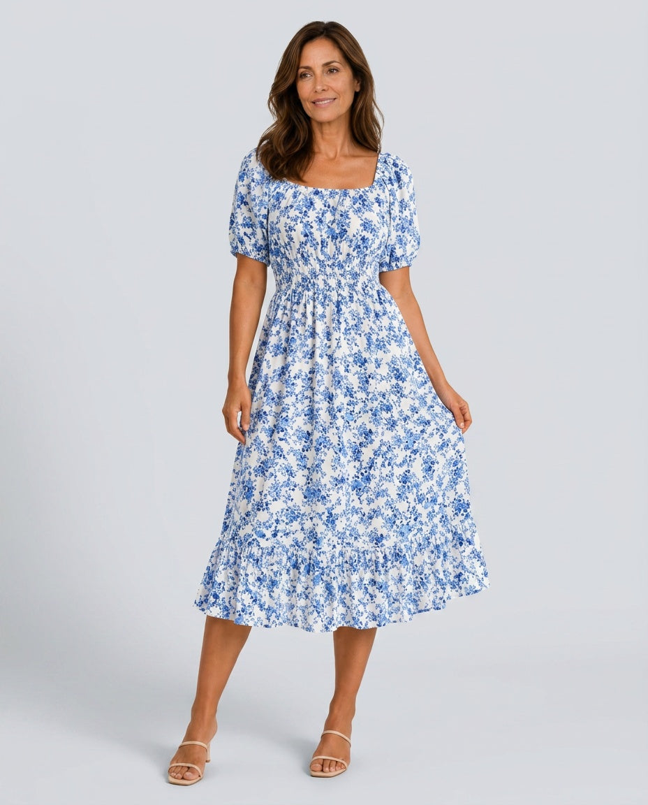 Sloane | Floral Smocked Square Neck Midi Dress