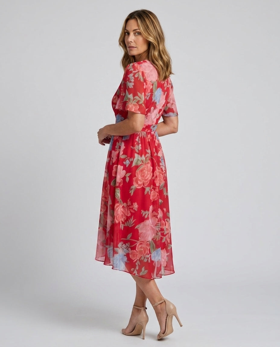 Hazel | Flutter Sleeve Gathered Waist Floral Midi Dress