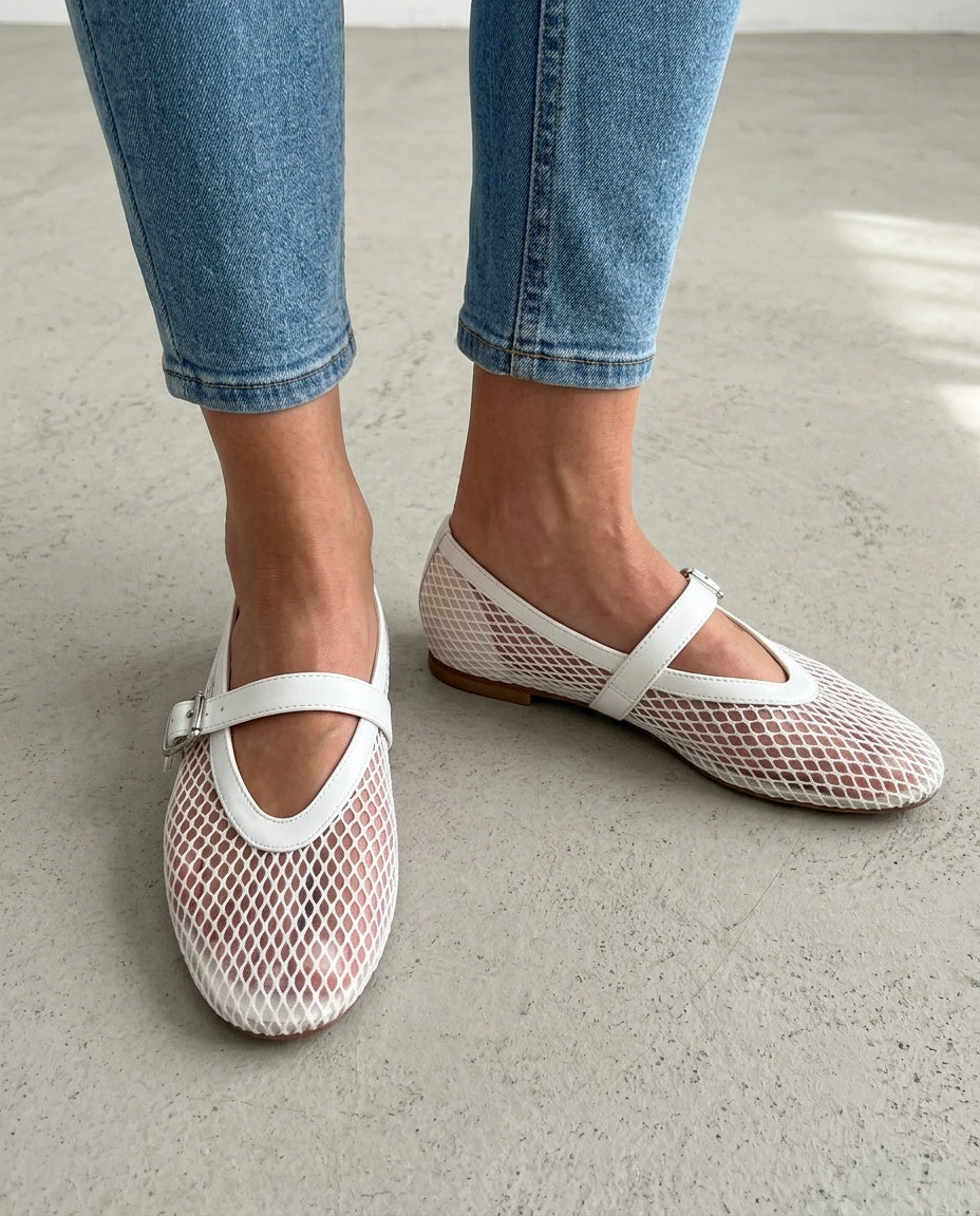 Renata | Round Toe Buckle Strap Mesh Ballet Flats