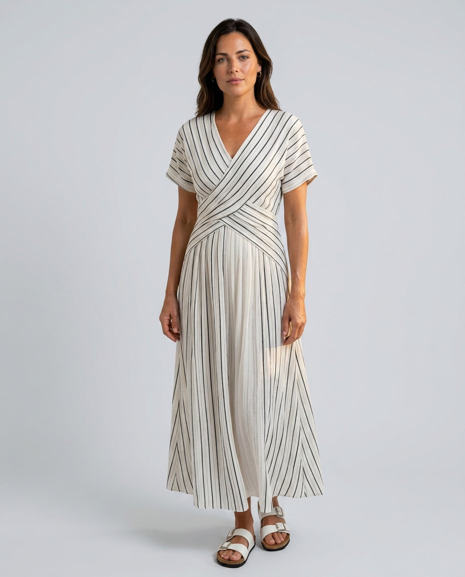 Valentina | V-Neck Cross Waist Striped Midi Dress