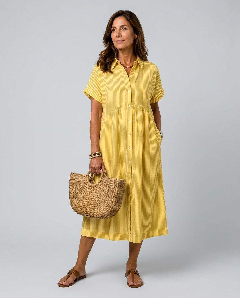 Emerson | Short Sleeve Button Front Striped Midi Dress