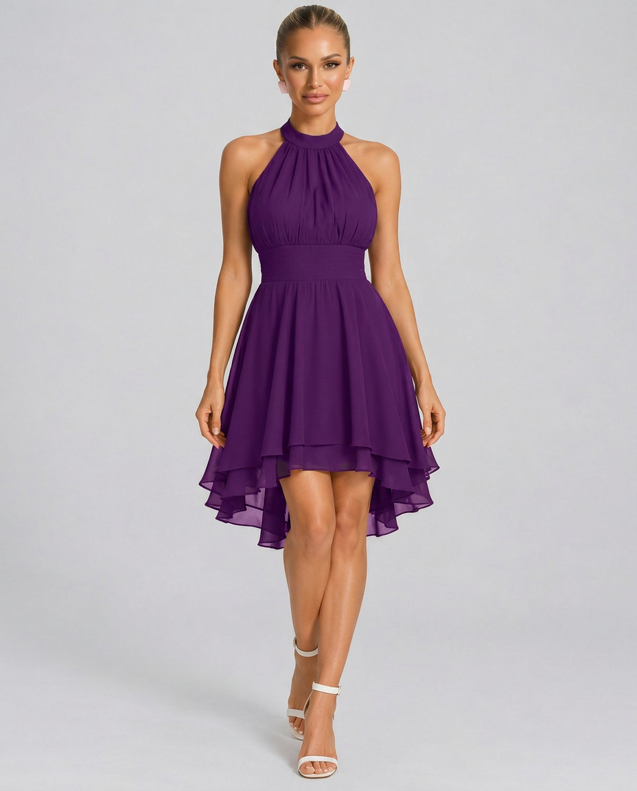 Ann | Halter Neck Mini Dress with Layered Ruffle Skirt