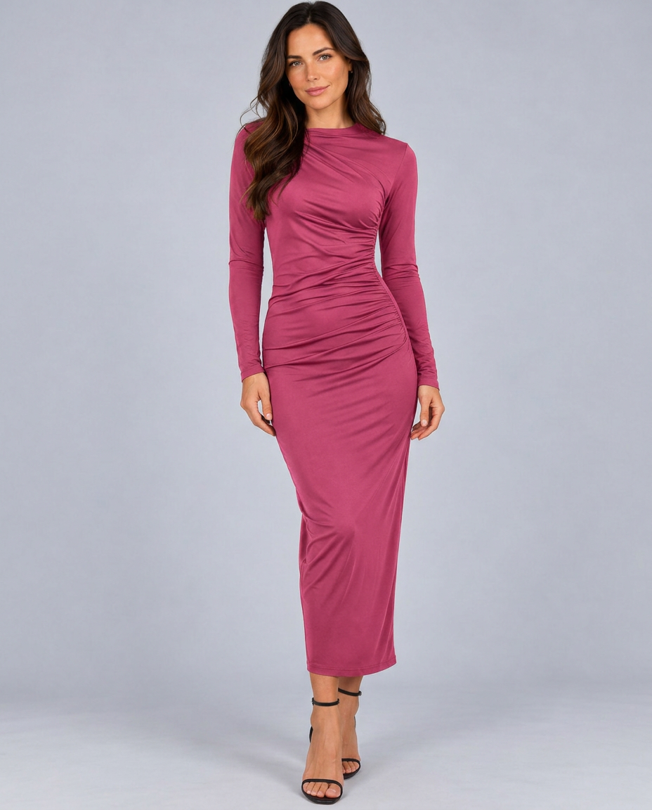 Alexis | Long Sleeve Midi Dress with Ruched Waist